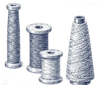 Spools and a cone of yarn, engraved