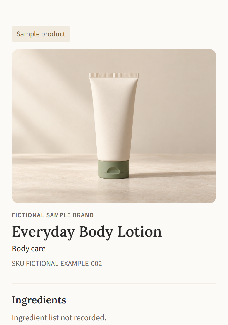 Voluntary Beauty Product Passport mockup for the fictional Everyday Body Lotion, showing a cream tube with a sage cap, product identity and Ingredients section.