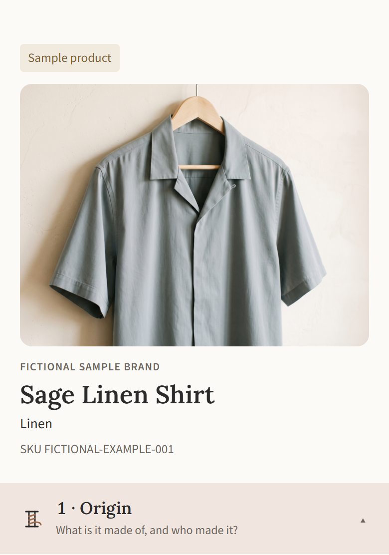 Mula product passport mockup for the fictional Sage Linen Shirt, showing its product photo, identity and Origin chapter.